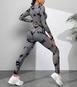Gray Tie-Dye Racerback Crop <b>Top</b> High Waist Leggings 2 Piece Yoga Set With <b>Mesh</b> Cut-Out Full Length Spandex Polyester - Product Image 5