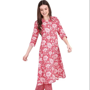 SAZU Floral Cotton <b>Kurta</b> Set with Chevron Print Pants Stylish Shirt-Collar Long Kurti for <b>Women</b> Floral Printed Ethnic Suit - Product Image 1