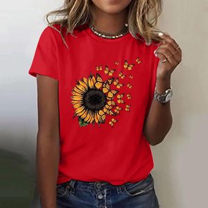 T-shirt en coton pour femme, coupe ajustée rétro, manches courtes, imprimé tournesol, tricot respirant, décontracté, été - Product Image 2