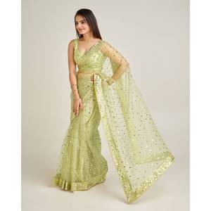 Sari de soirée de créateur avec des sequins et des broderies Dori pour les mariages - Product Image 2