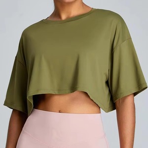 Top Corto Oversize Verde Menta para Mujer, Hombros Caídos, Manga Corta, Cuello Redondo, Tejido Sólido de Secado Rápido, Ajuste Holgado, Primavera Verano - Product Image 3