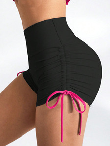 Shorts de yoga pour femmes à taille haute en tricot rose avec rubans latéraux, coupe sportive, respirant, en spandex et polyester - Product Image 1