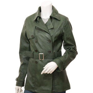 <b>Women's</b> Green Genuine Leather <b>Double</b> <b>Breasted</b> <b>Coat</b> With Belt Turn-down Collar Full Sleeve Wholesale Supplier - Product Image 1