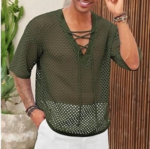 Good Quality Custom OEM Mens Clothing Drop Shoulder Distress <b>Fishnet</b> Regular Fit Ribbed Half Sleeve Sheer Mesh T-Shirts Blouse - Product Image 5