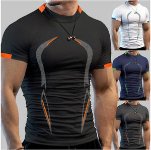 T-shirt blanc ajusté à manches courtes pour homme avec accents bleus, respirant, anti-humidité, séchage rapide, col rond, haut de sport - Product Image 6