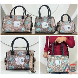 กระเป๋าหนังแท้ทำมือ ลายดอกไม้สไตล์ตะวันตก  กระเป๋าเดินทางวินเทจสีเทอร์ควอยซ์ - Product Image 1