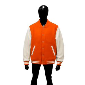 Chaqueta Varsity Premium Personalizada de Lana Naranja con Mangas en Contraste Blanco, Chaqueta Clásica de Béisbol para Hombre y Mujer, Venta al Por Mayor - Product Image 1