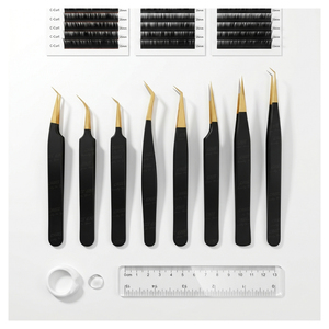 Custom Fiber tip <b>lash</b> tweezers Luxury Matte Black Finish with Gold Plated Fiber Tip Eyelash Extension Tool Set Stainless steel - Product Image 1