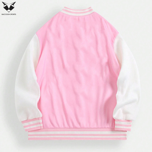 Newest Pink Varsity Jacket Full Sleeve Contrast Color Solid Design Turn-<b>down</b> Collar Regular Fit Spring Wear Women's Outerwear - Product Image 2