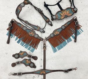 Western English Saddle Leather Bridle Headstall Breast Collar Horse Tack <b>Set</b> Crystal Studs Cross Horse Riding Accessories - Product Image 1