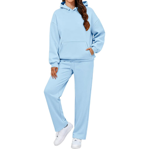 Ensemble de survêtement unisexe bleu clair à capuche, coupe oversize, en coton, manches longues, pantalon de jogging décontracté avec cordon de serrage et poches latérales - Product Image 2
