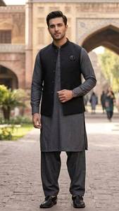 Men's Gray Cotton Kurta <b>Pajama</b> <b>Set</b> With <b>Black</b> Nehru Jacket Traditional Indian Pakistani Casual Wear Ankle-Length Regular Fit - Product Image 4