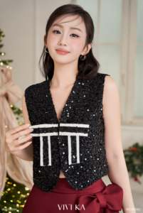 Gilet féminin noir en tweed à sequins pour femme, sans manches, col en V, court, texturé, avec bordure contrastante et boutons sur le devant - Product Image 2