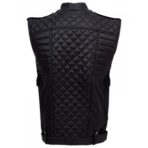 Men's Black PU Leather Moto Vest Stand Collar <b>Quilted</b> Design Zipper Closure Autumn Outerwear Regular Fit - Product Image 5