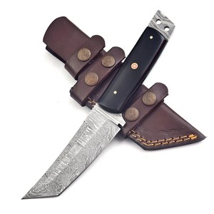 Couteau Tanto à lame fixe en acier Damas de qualité industrielle OEM, manche en corne de taureau, fourreau de transport Scout, lame pleine longueur, pour Bushcraft et Chasse - Product Image 5
