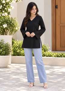 Blusa Étnica Negra de Manga Larga con Cuello en V para Mujer, Corte Holgado, Algodón, Estilo Informal, Estilo India Pakistán, para Todas las Temporadas - Product Image 2
