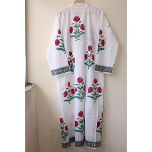 Vestido Maxi Bohemio Hecho a Mano con Estampado de Bloques de Algodón, Vestido Largo para Mujer con Estampado Floral Blanco y Rojo y Borde Tradicional - Product Image 2