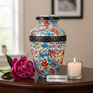 Urna Funeraria de Lujo con Diseño Floral de 11 Pulgadas, Urna Conmemorativa Personalizada con Estampado de Flores Coloridas, Urna Grande de Metal para Cenizas, Recuerdo Decorativo - Product Image 3