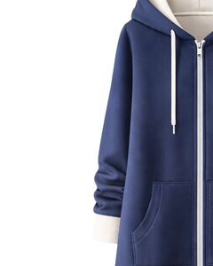 Sudadera con capucha larga personalizada con cremallera, color rosa melocotón, abrigo de invierno de forro polar para mujer, ropa exterior informal de gran tamaño con bolsillos, OEM personalizado - Product Image 4