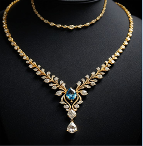 สร้อยคอรูปใบไม้สีทองสุดหรู ประดับด้วยหยดน้ำสีเหลืองอำพันอุ่นๆ และเพชร ดีไซน์สวยงาม ราคาขายส่ง - Product Image 2