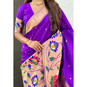Elite Weaves <b>Purple</b> Paithani Silk <b>Saree</b> with Half-Half Concept Big Border Zari Woven Indian & Pakistani Clothing 700g - Product Image 4