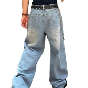 กางเกงยีนส์โอเวอร์ไซส์สำหรับผู้ชายกางเกงทรงหลวมแบบลำลองพร้อมขากว้างและการตกแต่งแบบปักสีพื้น - Product Image 2
