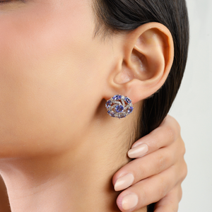 Elegant 925 Sterling <b>Silver</b> Oval & Round Shape Tanzanite & Diamond Swirl Cluster <b>Stud</b> Earrings Wholesale Fine Jewelry - Product Image 2
