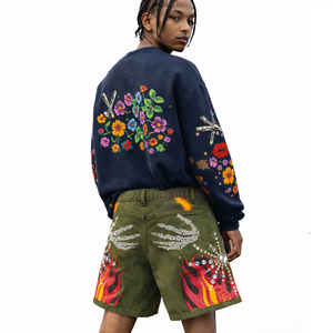 Luxury Navy Graphic Sweatshirt & Shorts <b>Set</b> for Men Floral Print Streetwear Tracksuit Rhinestone Embellished Designer Two Piece - Product Image 5