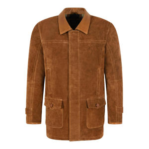 Brown Suede Leather <b>Men's</b> Stand Collar Embroidered Autumn Casual Outdoor Workwear Button Front <b>Utility</b> Pocket Leather <b>Jacket</b> - Product Image 1