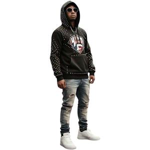 เสื้อมีฮู้ดของผู้ชายเสื้อฮู้ดแบบเปิดไหล่พิมพ์ลายตัวอักษรประดับพลอยเทียม - Product Image 1