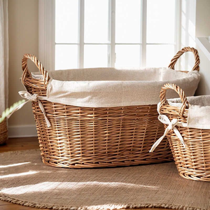 Wide <b>rectangular</b> fine-woven rattan laundry <b>basket</b> with integrated side handles, available at wholesale prices. - Product Image 4