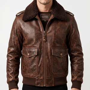 Veste en simili cuir marron pour homme, col en fourrure, poignets en tricot côtelé, poches à rabat, fermeture éclair sur le devant, fabrication sur mesure OEM ODM, vente en gros - Product Image 1