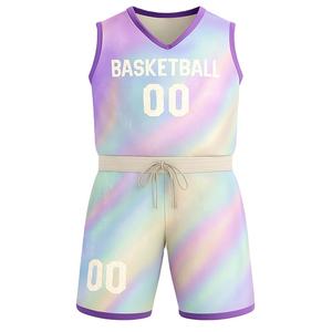 Kit de basket-ball coloré pour hommes maillot sans manches dégradé pastel + short respirant Sublimation derniers ensembles de maillot de conception - Product Image 2