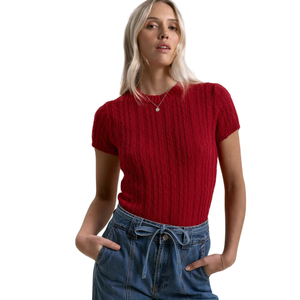 Camiseta de punto acanalado texturizado para mujer, manga corta, cuello redondo, corte ajustado, informal, top de verano, blusa suave y elástica para uso diario, estilo ComfortFit - Product Image 3