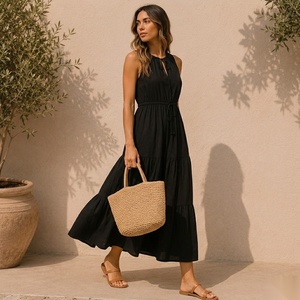 Robe midi sans manches coupe trapèze avec col noué et taille à cordon, tenue décontractée d'été - Product Image 2