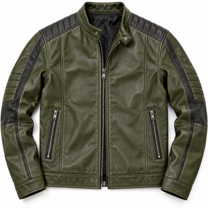 Veste de moto en cuir véritable vert olive pour homme, col montant, fermeture éclair, veste de motard, design de logo personnalisé, veste en cuir - Product Image 1
