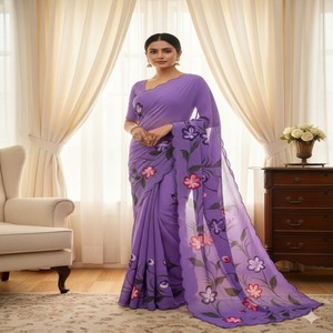 VASTRA COTTAGE Saree Premium de Georgette con Borde Pintado a Mano con Estampado Floral, Elegante Vestido de Fiesta Estilo Bollywood - Product Image 4