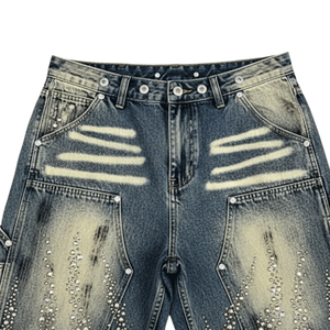 2026 New Arrival <b>Men's</b> Vintage Rhinestone Baggy Denim Shorts Distressed Hand-<b>Studded</b> Y2K Streetwear Casual Summer Jeans - Product Image 3