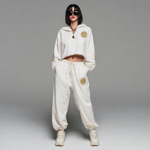 Mujeres Crop Distress bordado chándal Streetwear Jogger Sun Fad cremallera Sudadera con capucha y pantalones de chándal Crop Distress bordado chándal - Product Image 4