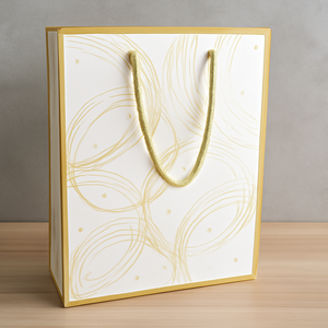 Elegant White Paper Gift Bag with Gold Abstract Swirl <b>Design</b> <b>and</b> Rope Handle Custom Logo <b>Packaging</b> for Wedding Retail or Events - Product Image 6