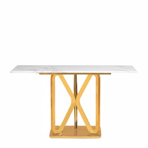 Console moderne avec plateau en verre, finition en acier inoxydable poli, base géométrique, élégante, pour entrée, couloir, meuble d'appoint - Product Image 6