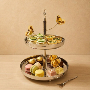 Luxurious Two-Tier <b>Silver</b> Cake Stand Adorned With Elegant Gold Floral Accents And A Convenient Top Ring Handle Use In Parties - Product Image 5