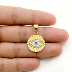 Pendentif en argent sterling 925 massif plaqué or avec émail blanc motif soleil et œil porte-bonheur, bijoux fins Memoria Jewels, vente en gros - Product Image 3