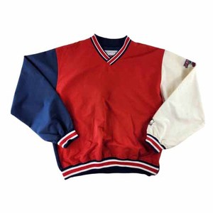 Chaqueta Varsity Roja, Azul y Blanca para Hombre, Estilo Preppy, Bloques de Color, Cuello en V, Diseño con Parches, Corte Regular, Ropa de Otoño - Product Image 1