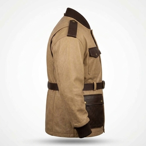 Chaqueta Safari de Cuero Genuino Color Bronceado para Hombre, con Cinturón, Cuatro Bolsillos en Contraste Marrón Oscuro, Cuello Acanalado, Chaqueta de Motociclista - Product Image 3