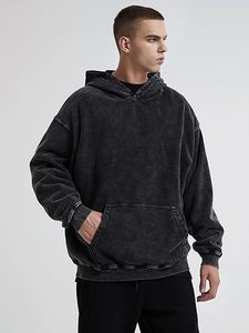 เสื้อฮู้ดโอเวอร์ไซส์ ยูนิเซ็กส์ สีดำล้วน ผ้าฝ้ายเฟรนช์เทอร์รี่ ดีไซน์กระเป๋าแบบลำลอง เป็นมิตรต่อสิ่งแวดล้อม ล้างสีแบบแอซิดวอช ทรงปกติ - Product Image 2