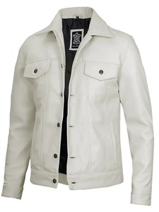<b>Mens</b> Four Pockets <b>White</b> Leather Trucker <b>Jacket</b> - Product Image 4