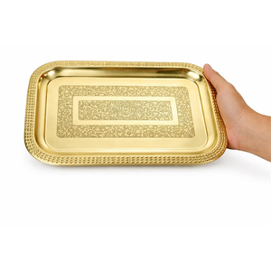 Bandeja Rectangular de Latón Repujado Hecha a Mano, Plato de Ofrenda de Metal Dorado Tradicional, Vajilla Decorativa para Comida Elegante - Product Image 6