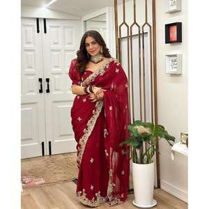 Sari en Georgette fantaisie avec broderie au fil et blouse non cousue, couleur bordeaux - Product Image 5