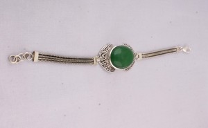 Natural Green Jade <b>Silver</b> Vintage Anniversary Handcrafted Filigree Oval Cabochon Chain <b>Cuff</b> <b>Bracelet</b> 925 Sterling <b>Silver</b> Jewelry - Product Image 5